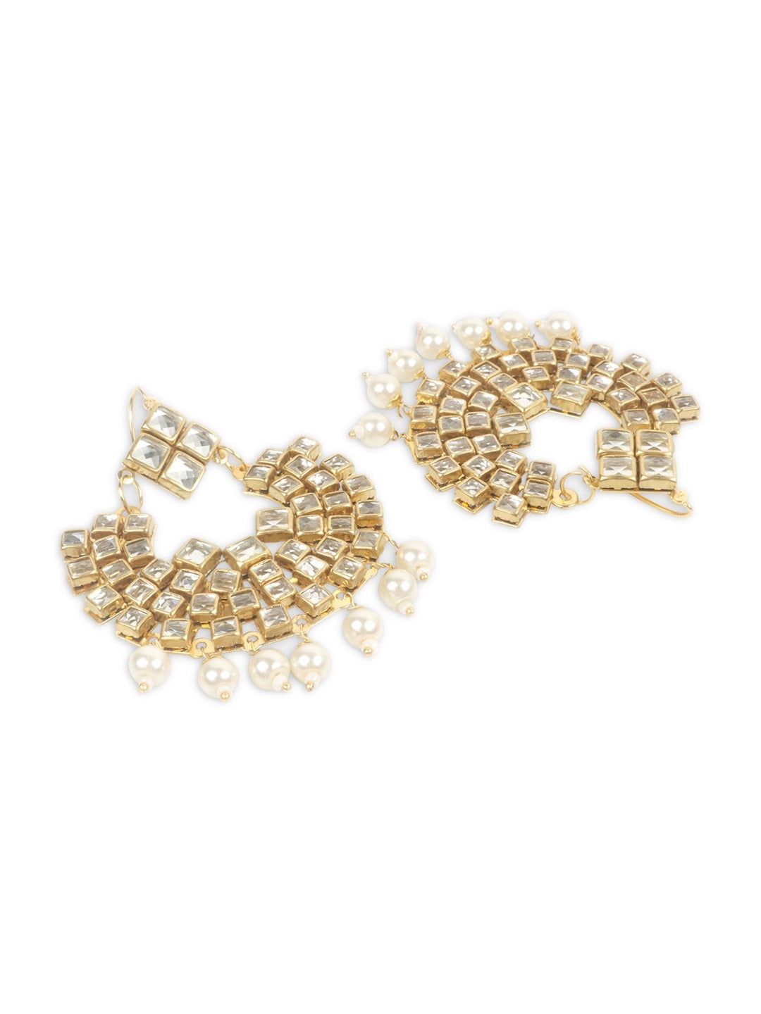 Gold-Plated White Kundan-Studded & Pearl Beaded Jadau Traditional Jewellery Set