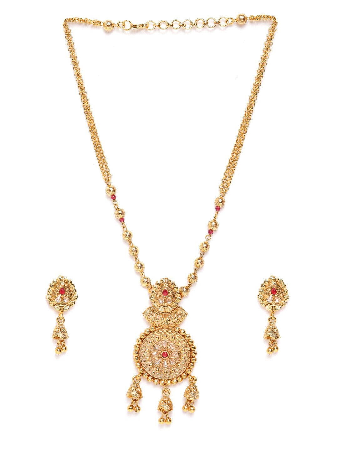 Maroon Gold-Plated Handcrafted Stone-Studded & Beaded Jewellery Set