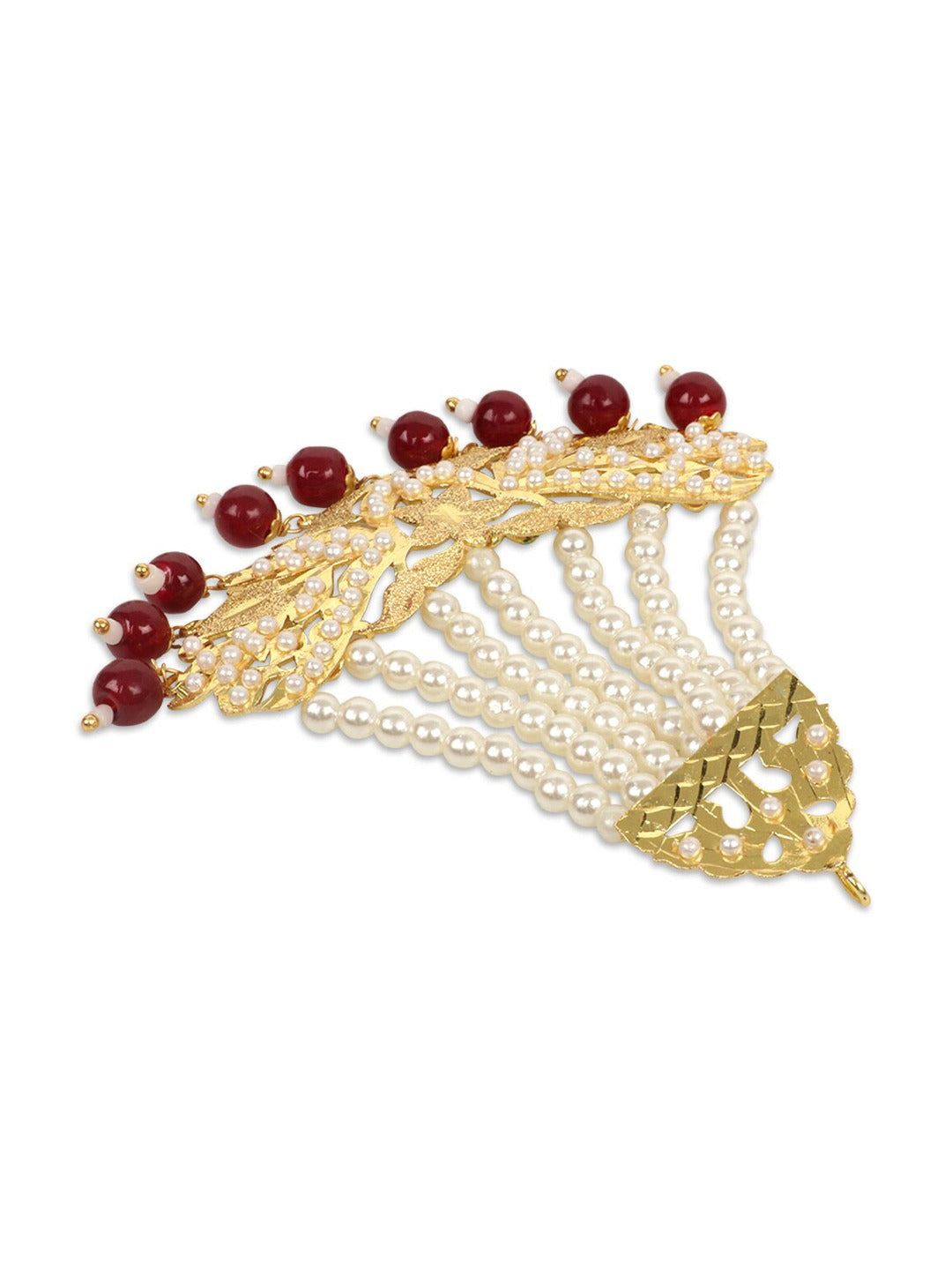 Gold-Plated Maroon & White Pearl Beaded Handcrafted Jhumar Passa