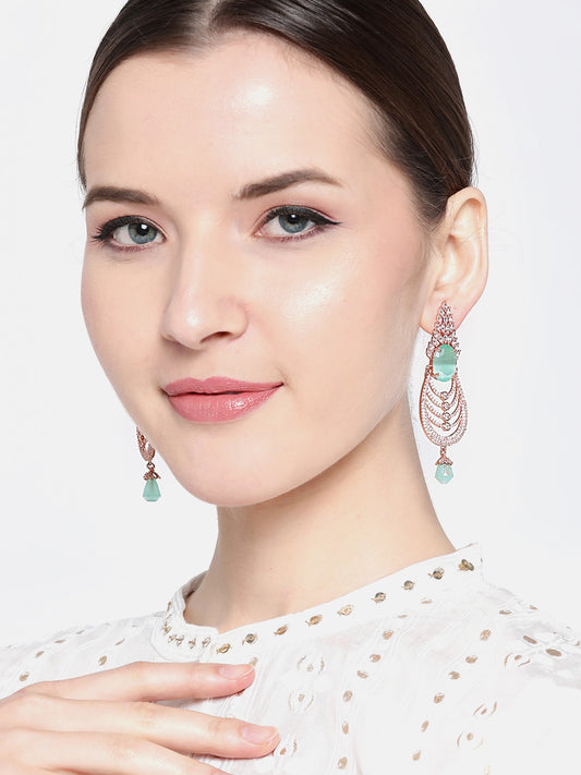 Sea Green Rose Gold-Plated AD Stone-Studded Handcrafted Drop Earrings