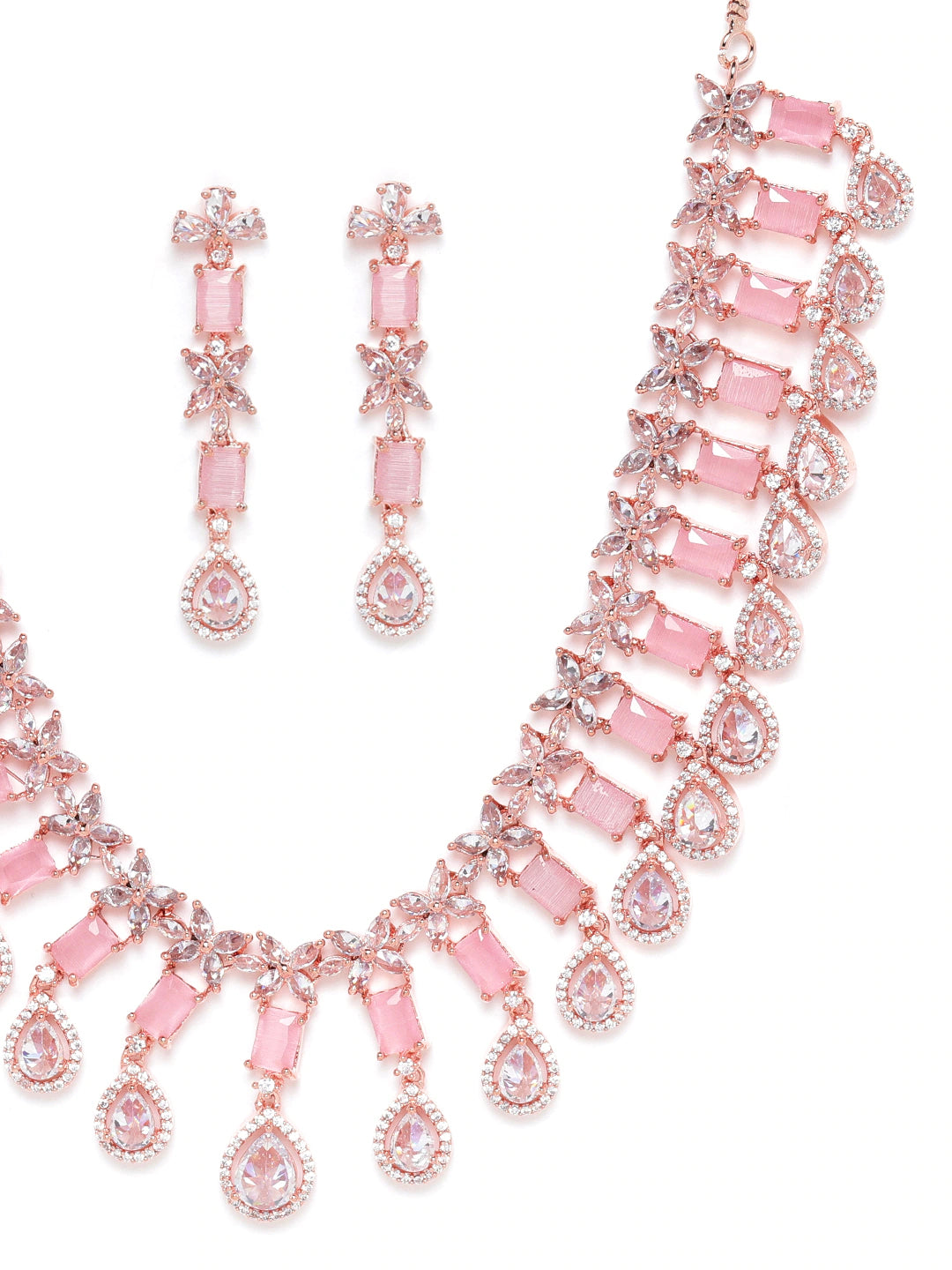 Pink Rose Gold-Plated AD-Studded Handcrafted Jewellery Set ( American Diamond , Rose Gold , Pink )