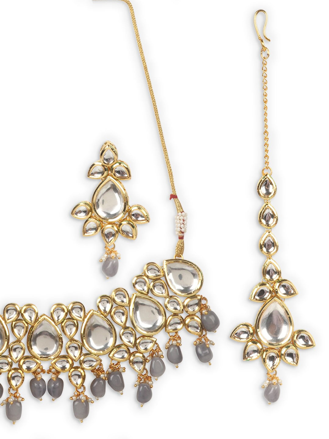 Gold-Plated Grey & White Kundan Studded Jewellery Set