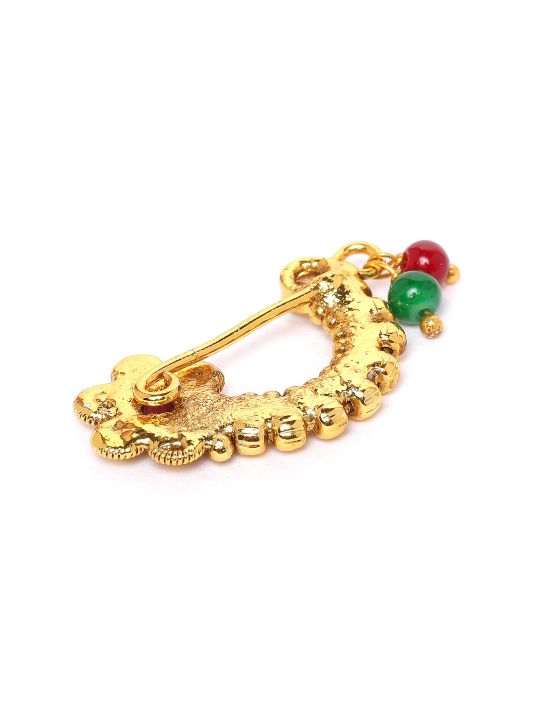 Maroon Floral Antique Gold-Plated CZ-Studded & Beaded Maharashtrian Nose Pin
