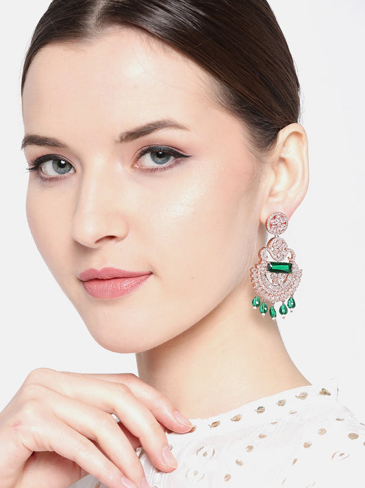 Green Rose Gold-Plated AD Studded Beaded Handcrafted Drop Earrings
