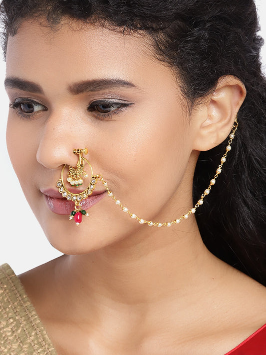 Off-White & Red Gold-Plated CZ-Studded & Beaded Chained Nose Ring