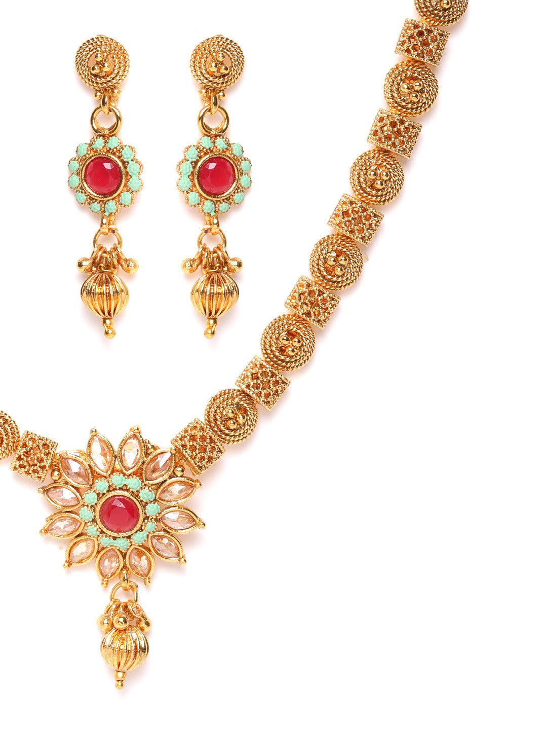 Green & Pink Gold-Plated Handcrafted Meenakari Jewellery Set