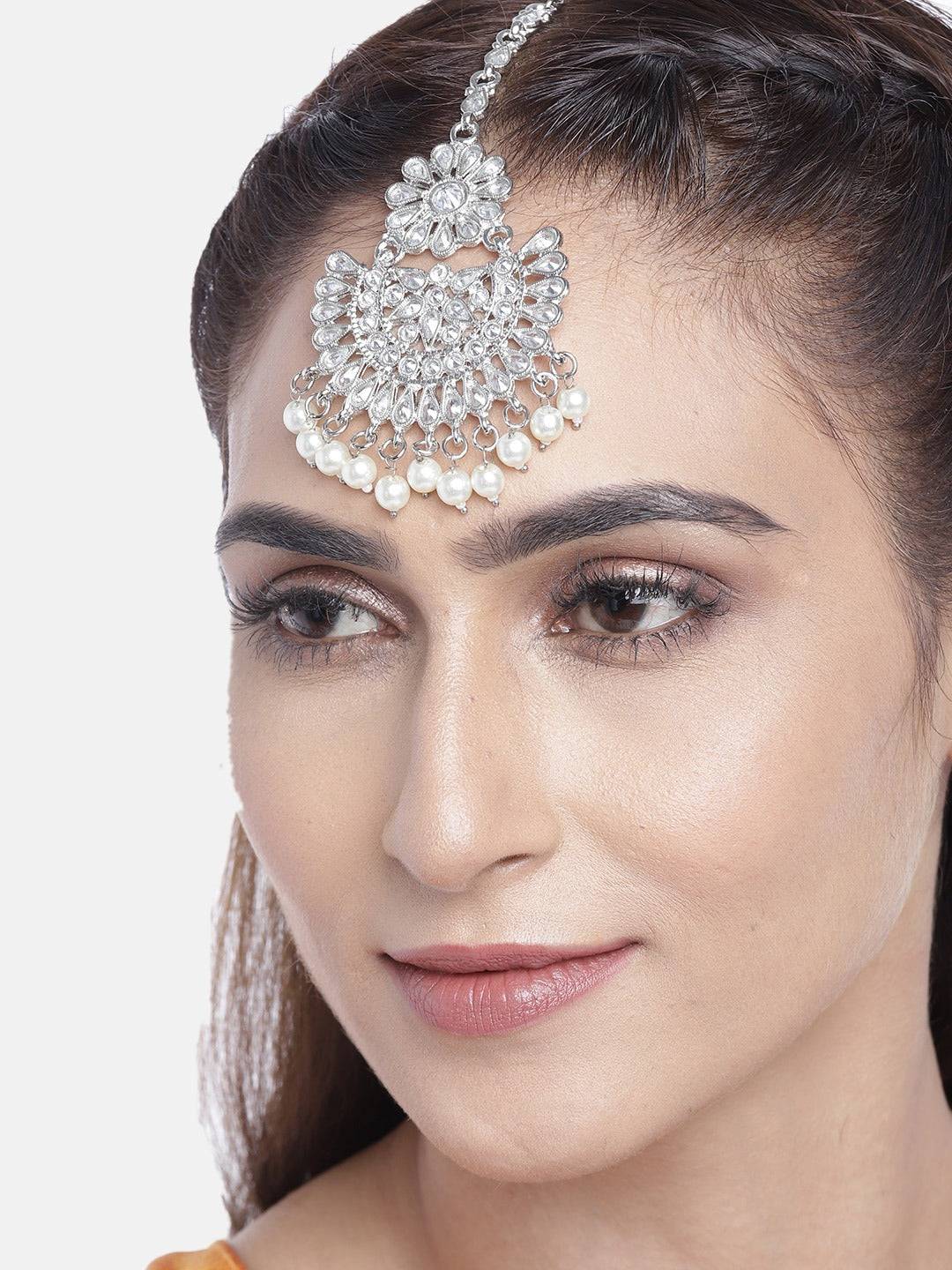 White Silver-Plated Stone-Studded & Beaded Floral Shaped Maang Tika