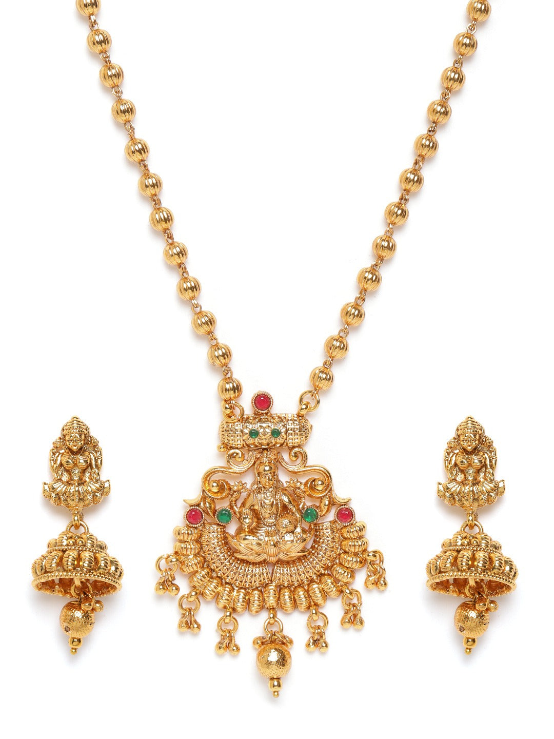 Maroon & Green Gold-Plated Stone Studded Handcrafted Temple Jewellery Set