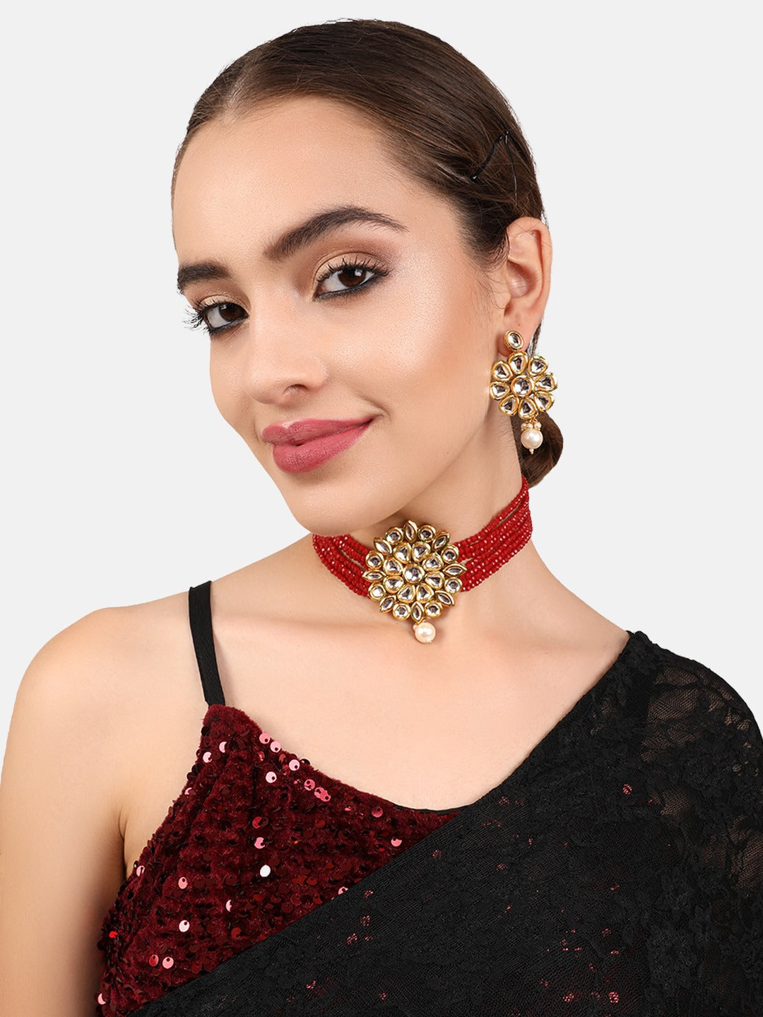 Gold-Plated Red & White Kundan-Studded Beaded Chokers With Earrings