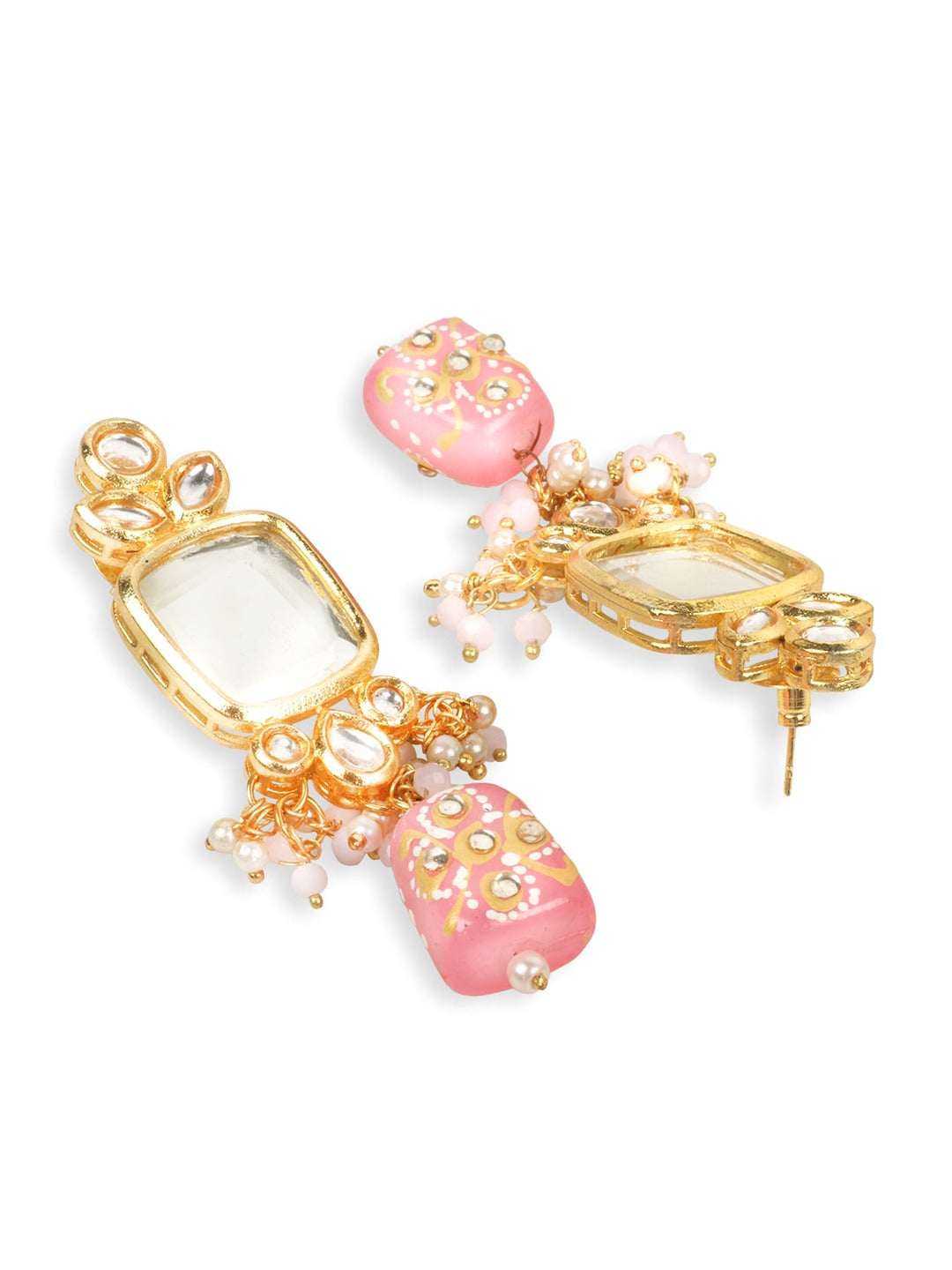 Gold-Plated White & Peach-Coloured Kundan-Studded & Beaded Jewellery Set