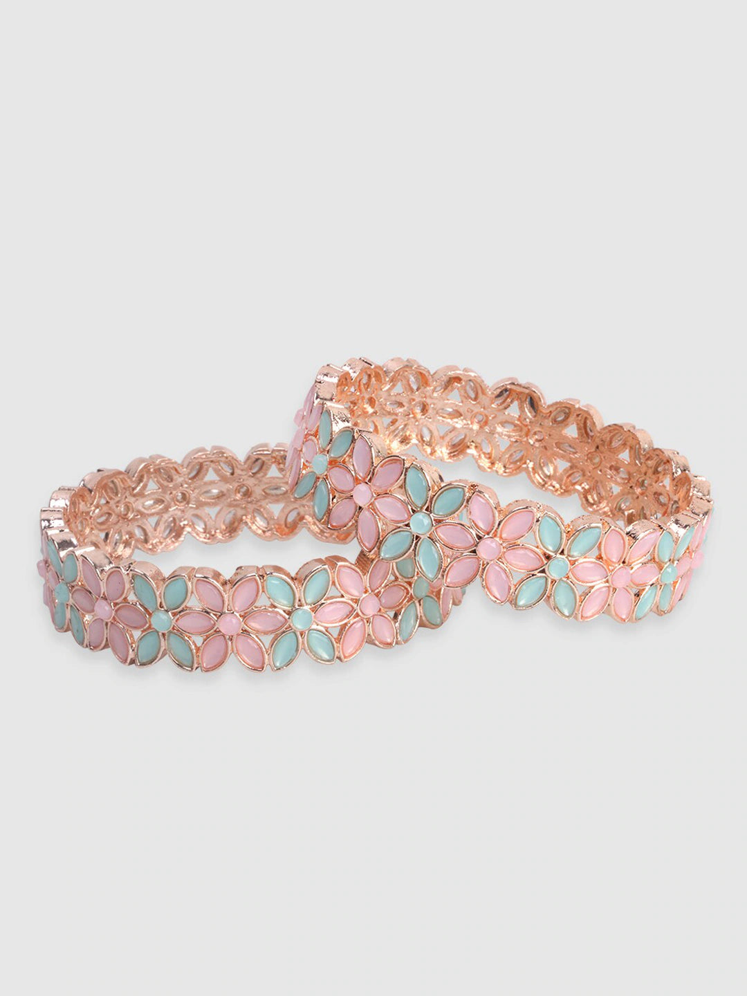 Set Of 2 Gold-Plated Pink & Turquoise Blue Stone-Studded Handcrafted Bangles