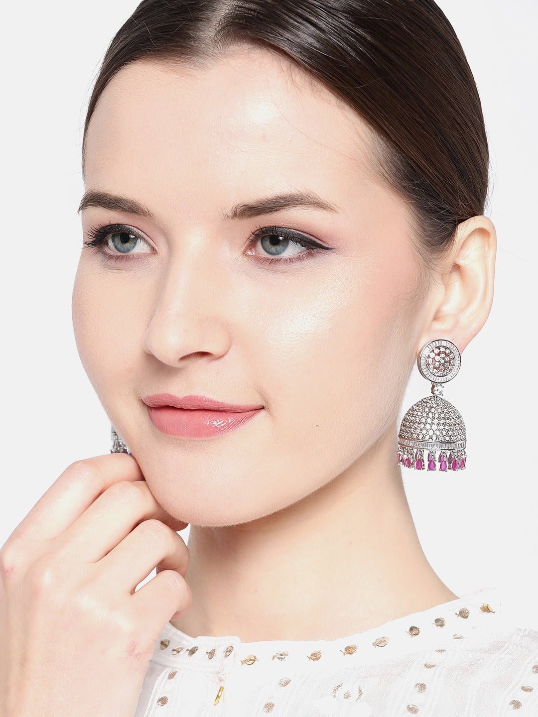 Pink Silver-Plated AD Studded Handcrafted Dome Shaped Jhumkas