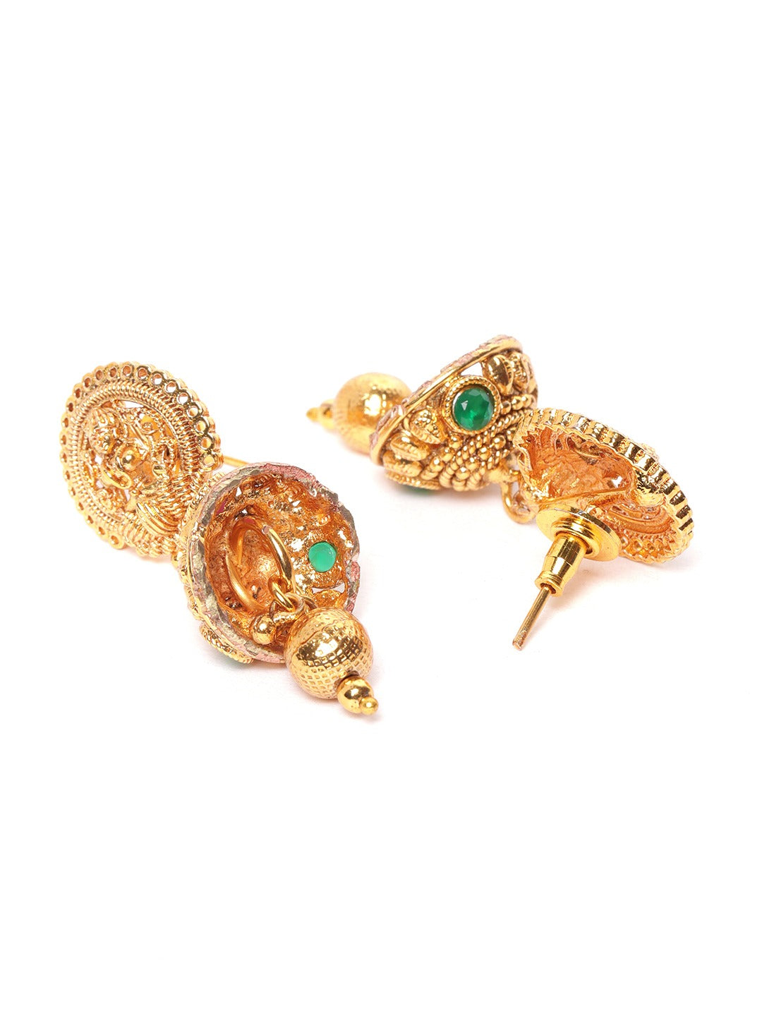 Green & Pink Gold-Plated Stone Studded Handcrafted Temple Jewellery Set