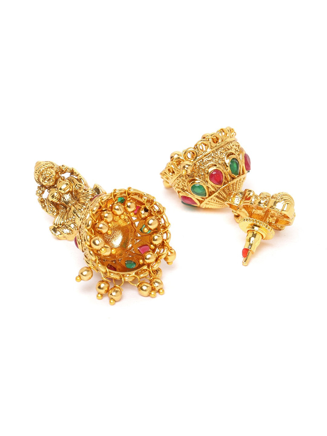 Women Green & Red Gold-Plated Stone Studded Handcrafted Temple Jewellery Set