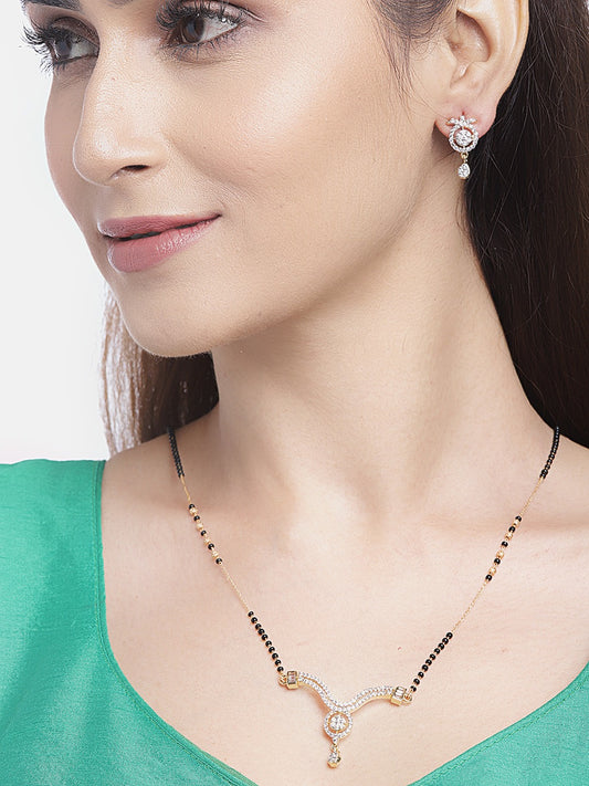 Black Gold-Plated AD Studded & Beaded Mangalsutra & Earrings Set