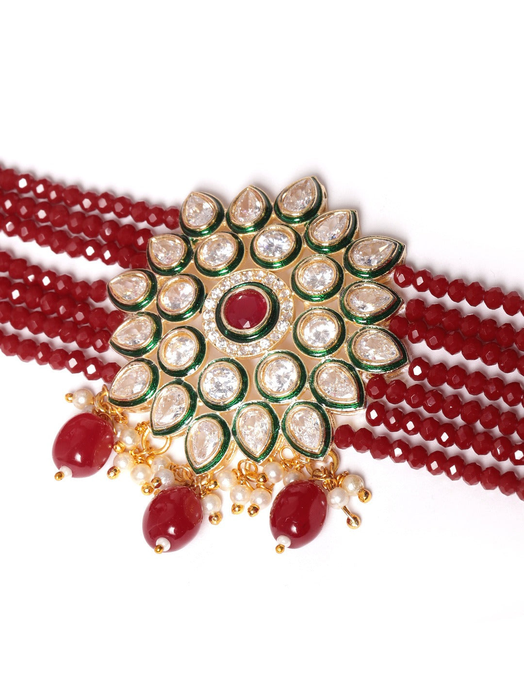 Maroon Gold-Plated Kundan Studded & Beaded Handcrafted Jewellery Set