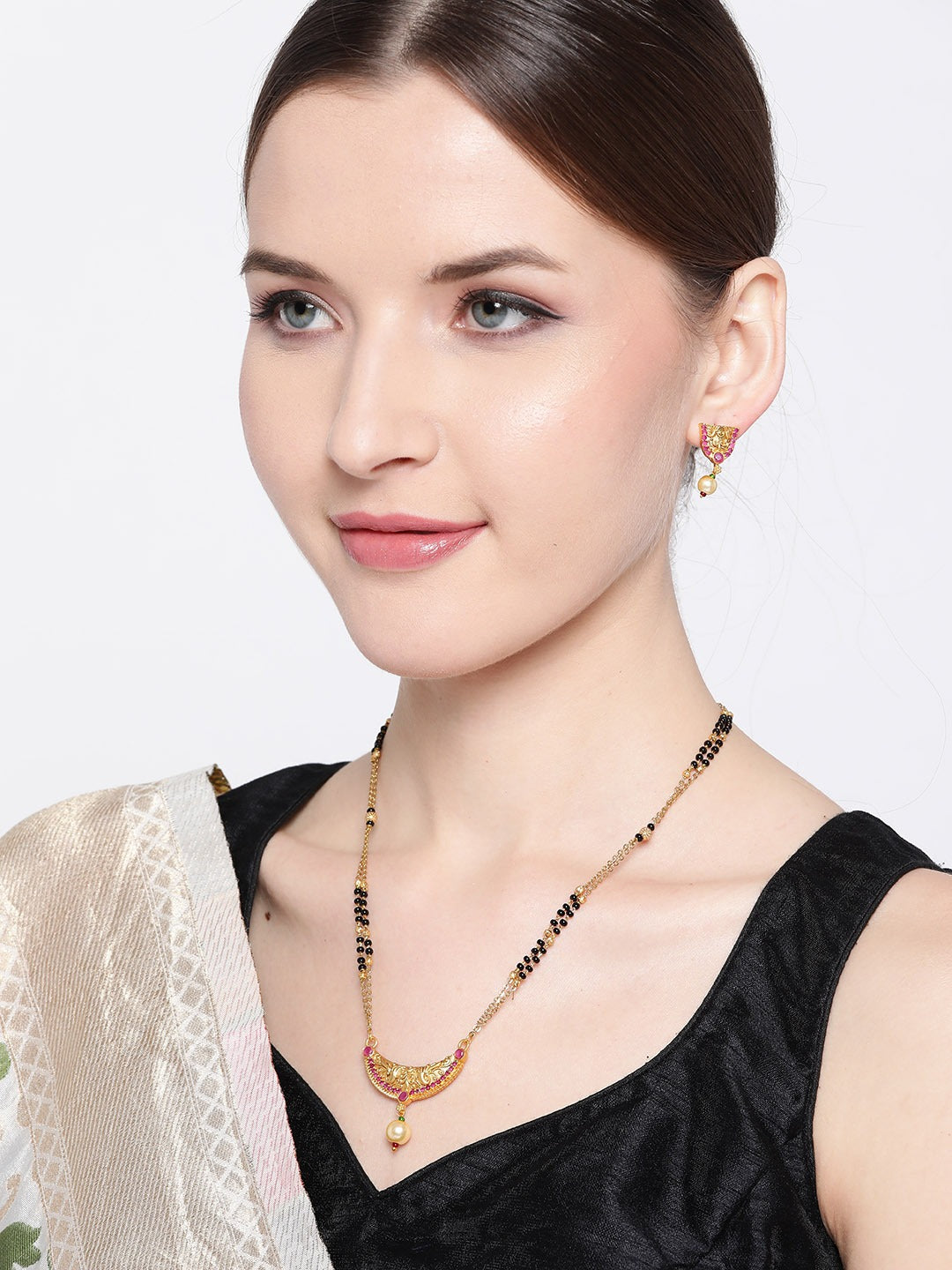 Black & Pink Gold-Plated Stone-Studded & Beaded Mangalsutra & Earrings Set