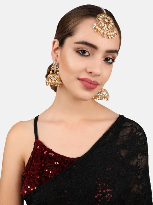 Gold-Plated White Pearl Beaded & Stone-Studded Jewellery Set