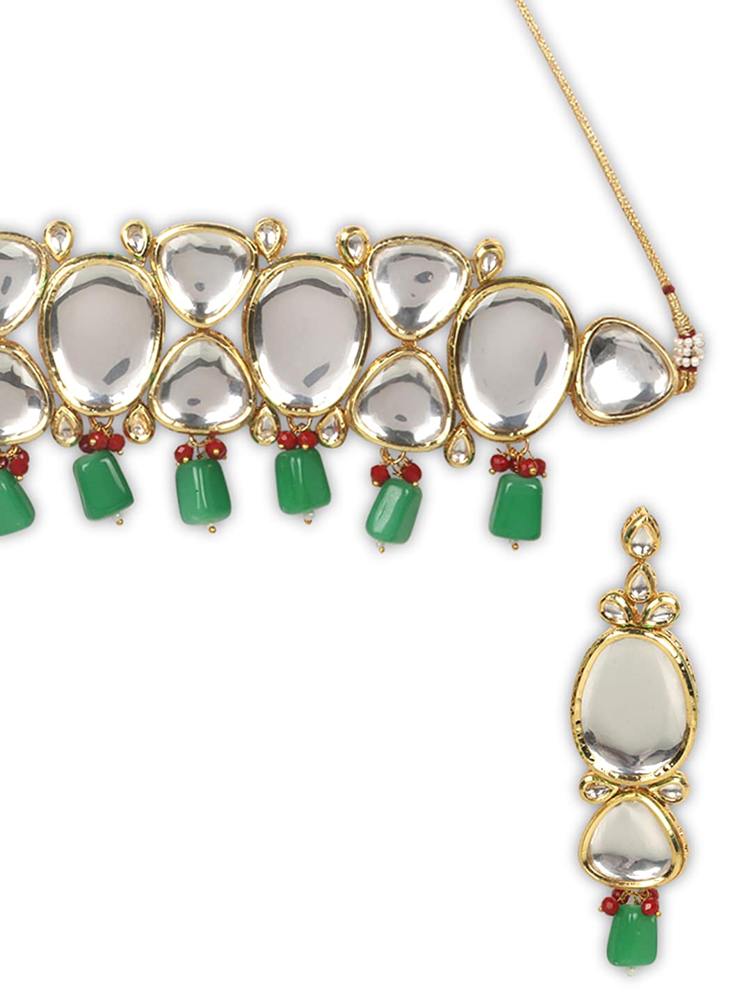 Gold-Plated Green & Red Kundan & Beads Studded Jewellery Set