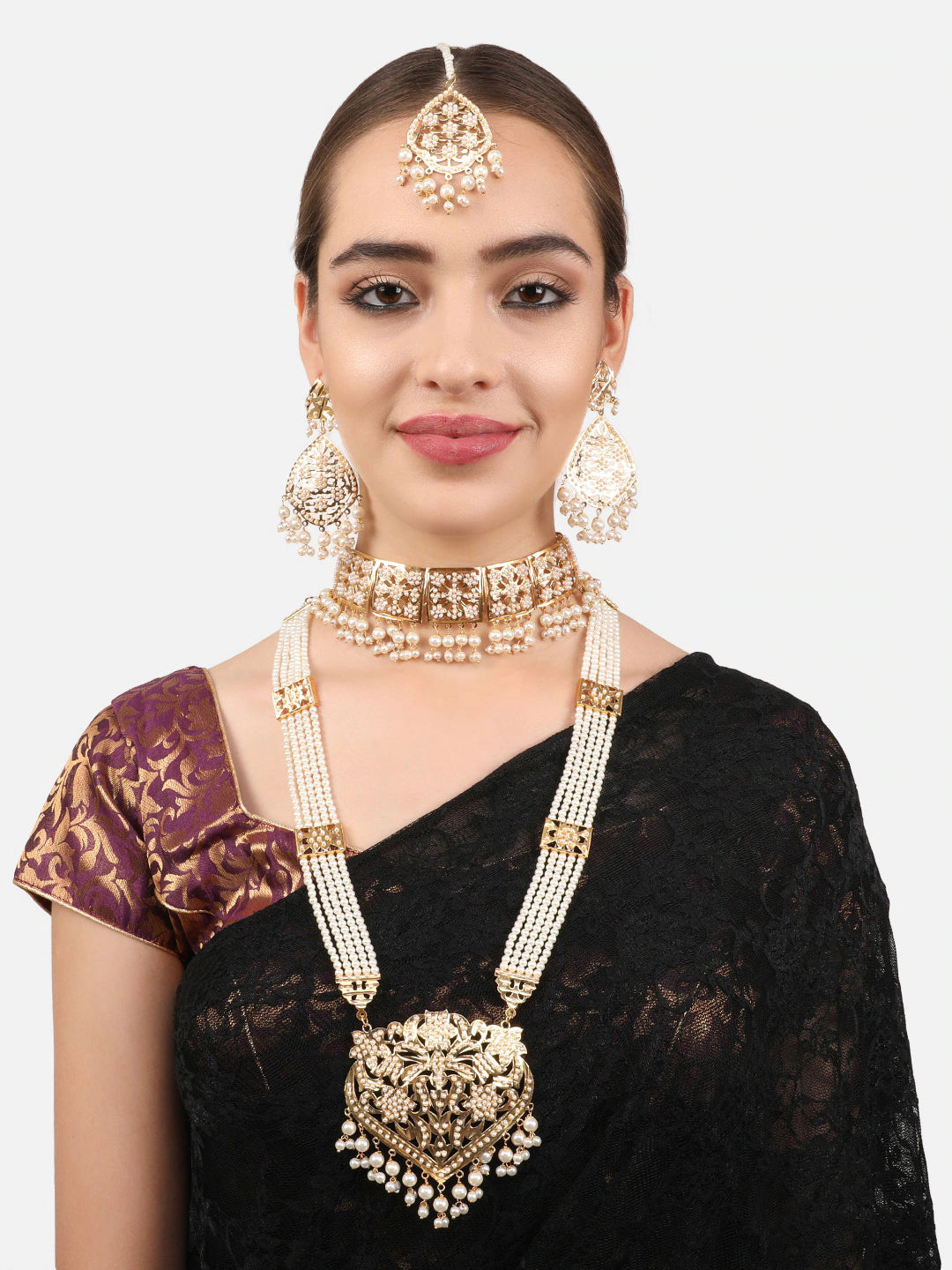 Gold-Plated White Pearl Studded & Beaded Traditional Jadau Jewellery Set