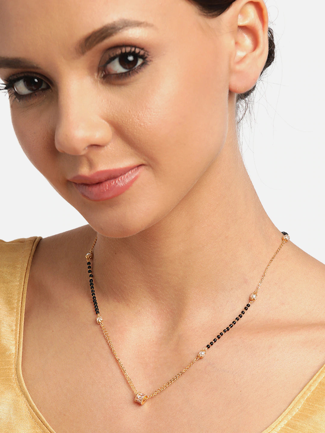 Black Gold-Plated Beaded & AD-Studded Mangalsutra