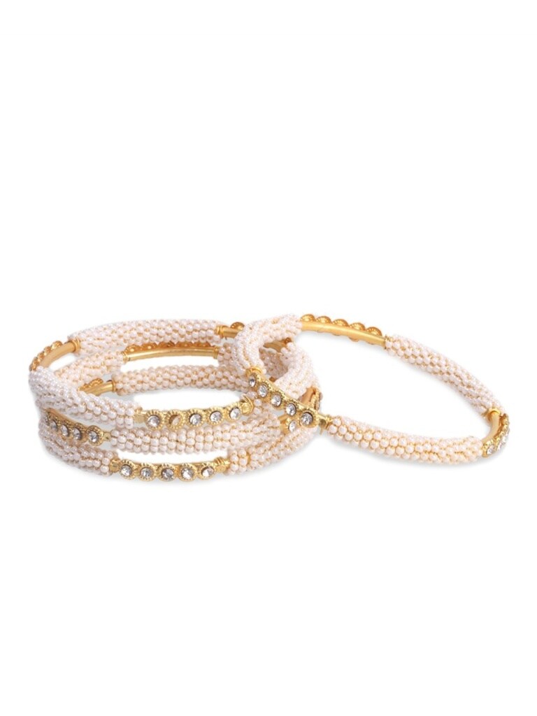 Set of 4 Gold Plated & White Pearl and Stone Studded Handcrafted Bangles`