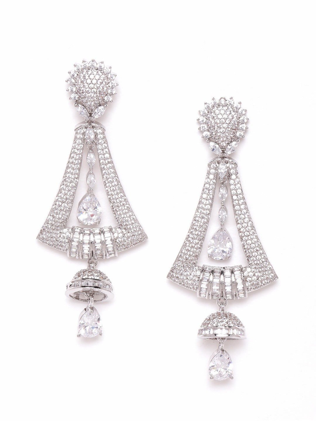 Silver-Plated Handcrafted AD-Studded Contemporary Drop Earrings