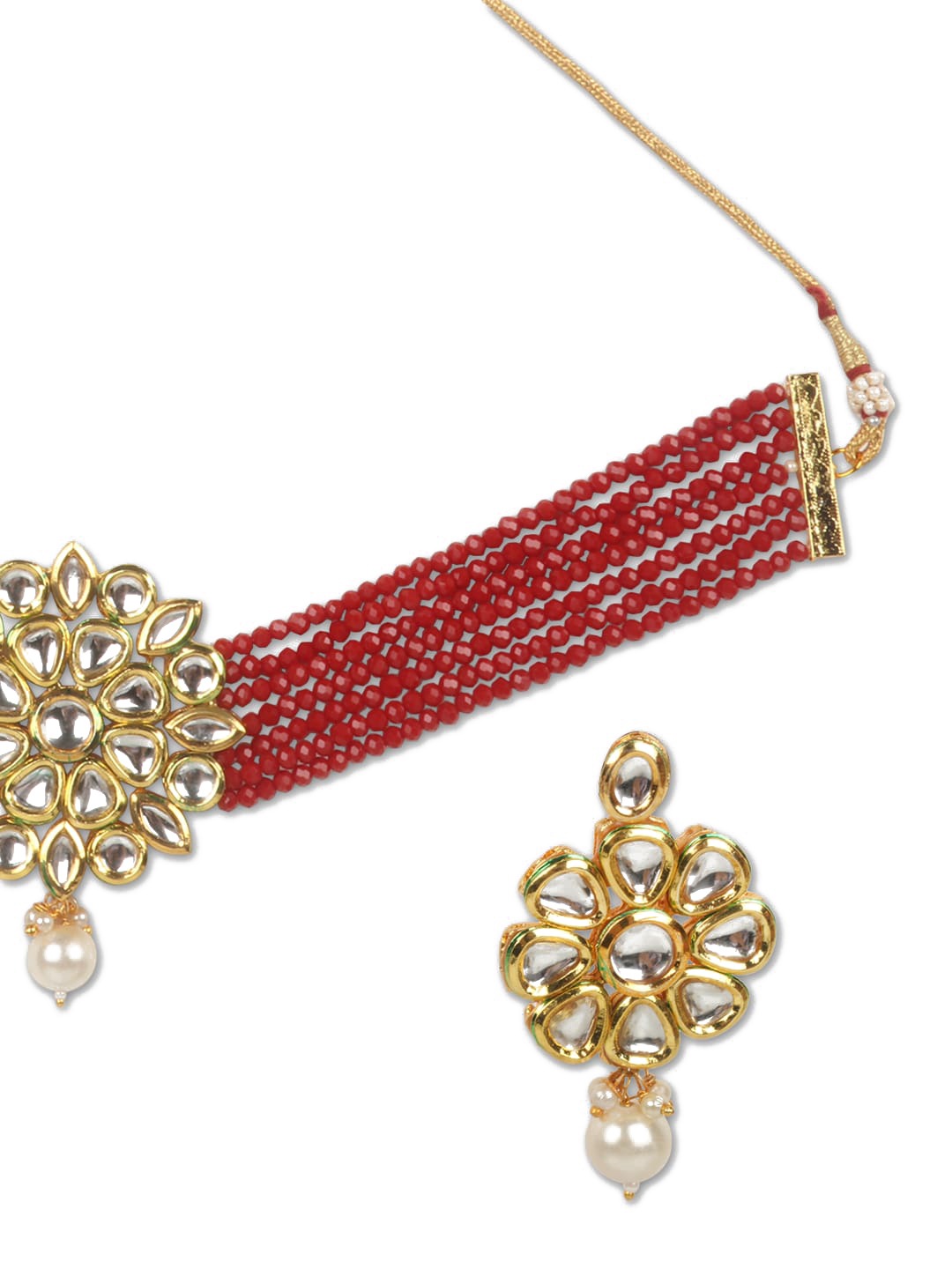 Gold-Plated Red & White Kundan-Studded Beaded Chokers With Earrings