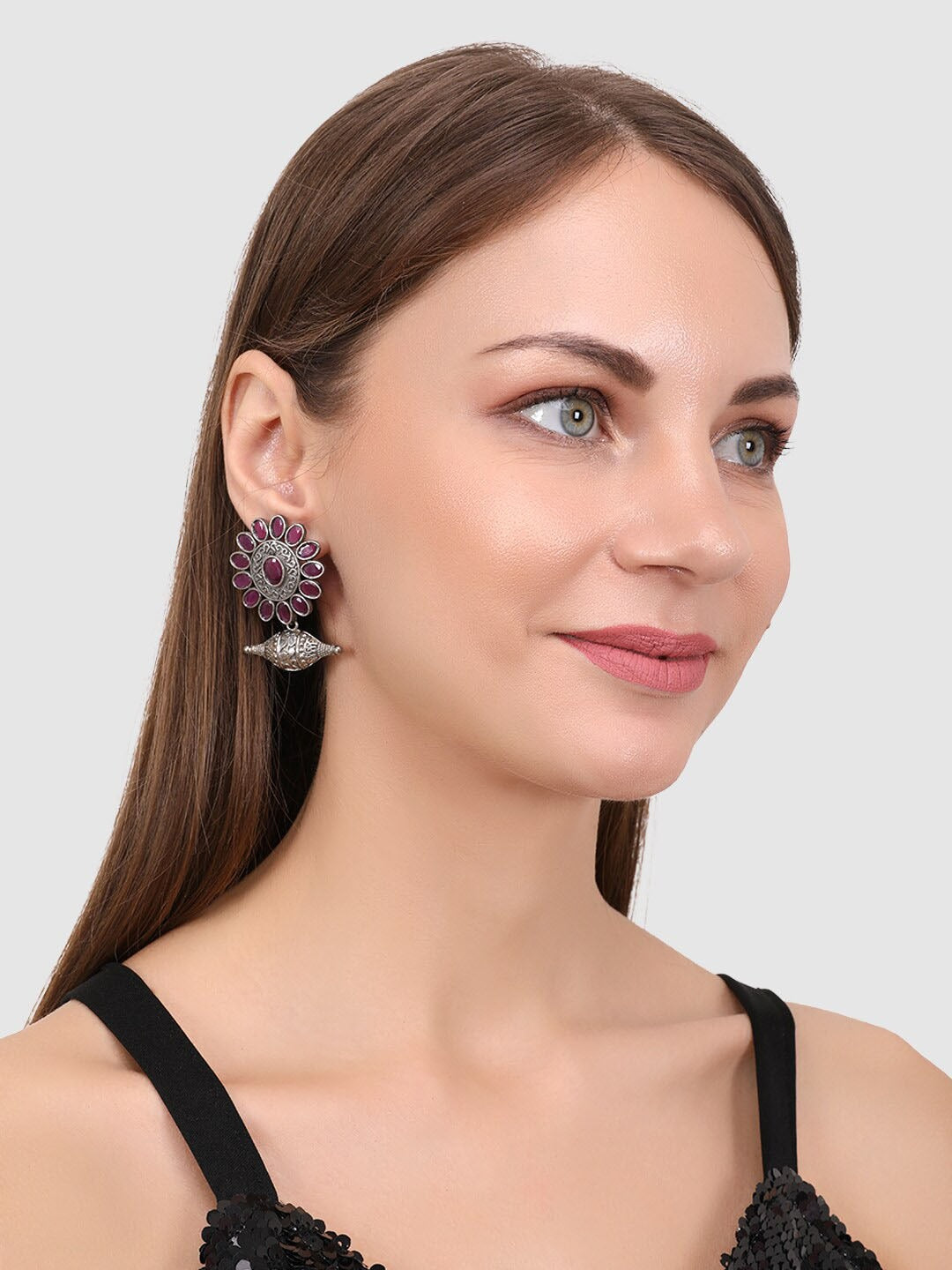 Silver-Toned & Pink Oxidised Floral Drop Earrings