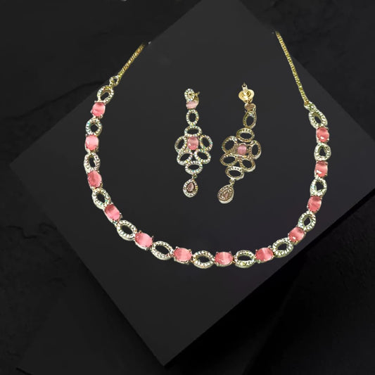 Pink Stone Studded American Diamond Necklace Set