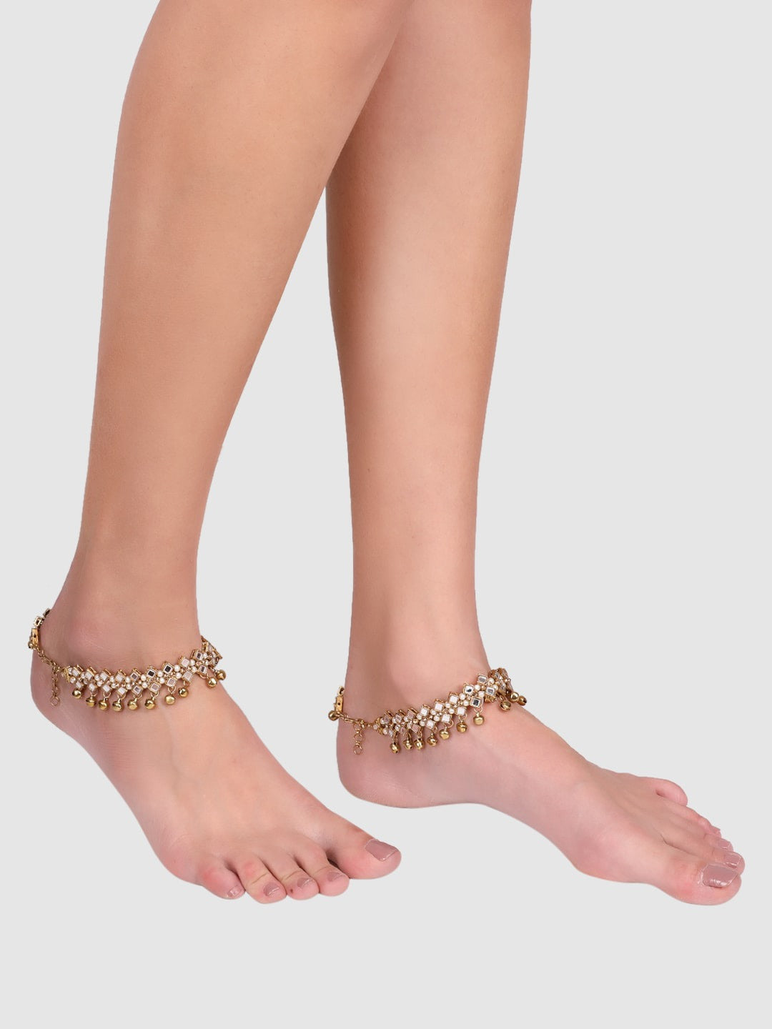 Set of 2 Gold Plated Bridal Look Stone and Pearl Studded Anklet