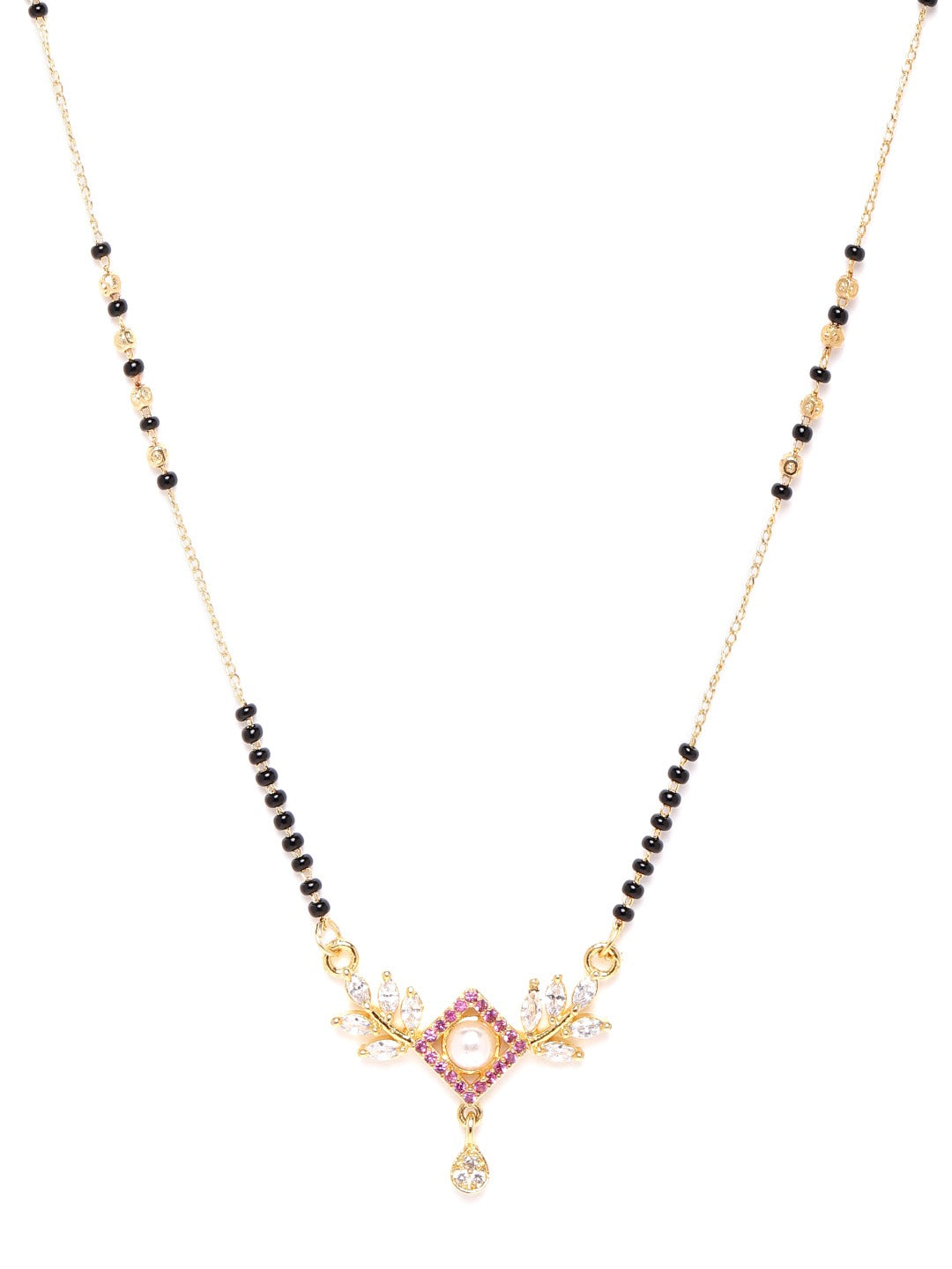 Black & Magenta Gold-Plated Beaded & AD-Studded Mangalsutra