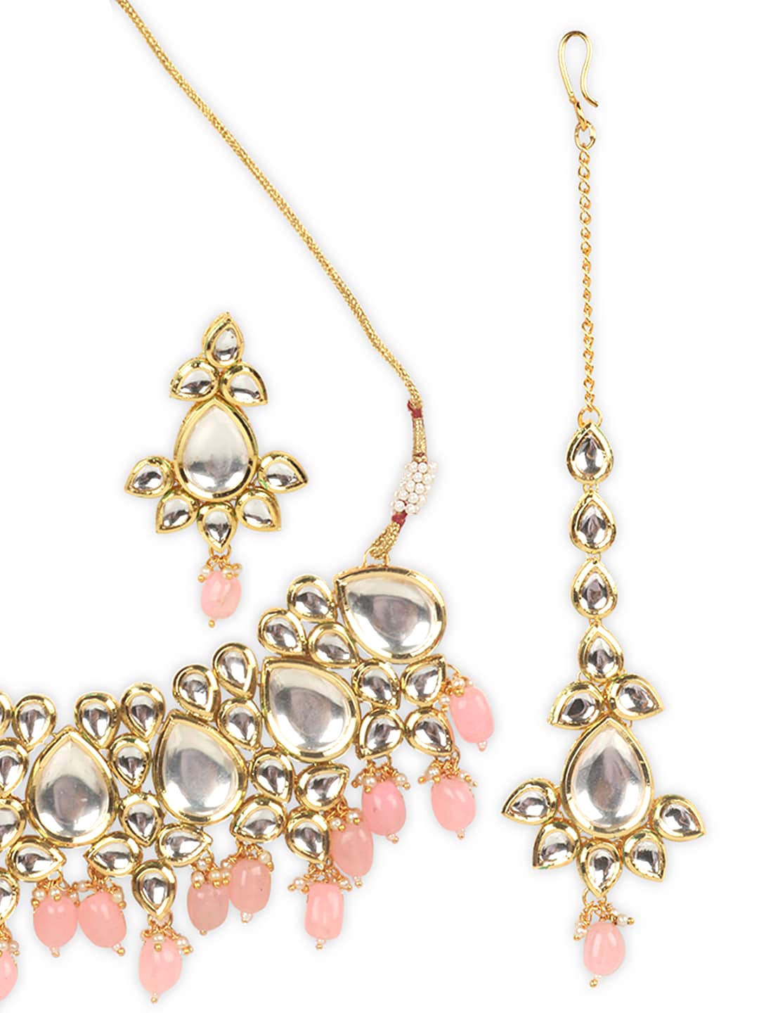 Gold-Plated White & Pink Kundan-Studded Beaded Vilandi Traditional Jewellery Set
