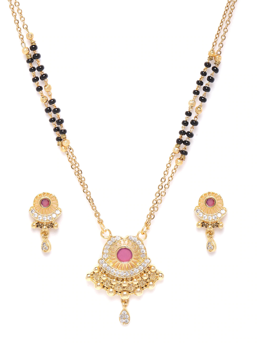 Black & Pink Gold-Plated AD-Studded & Beaded Mangalsutra & Earrings Set