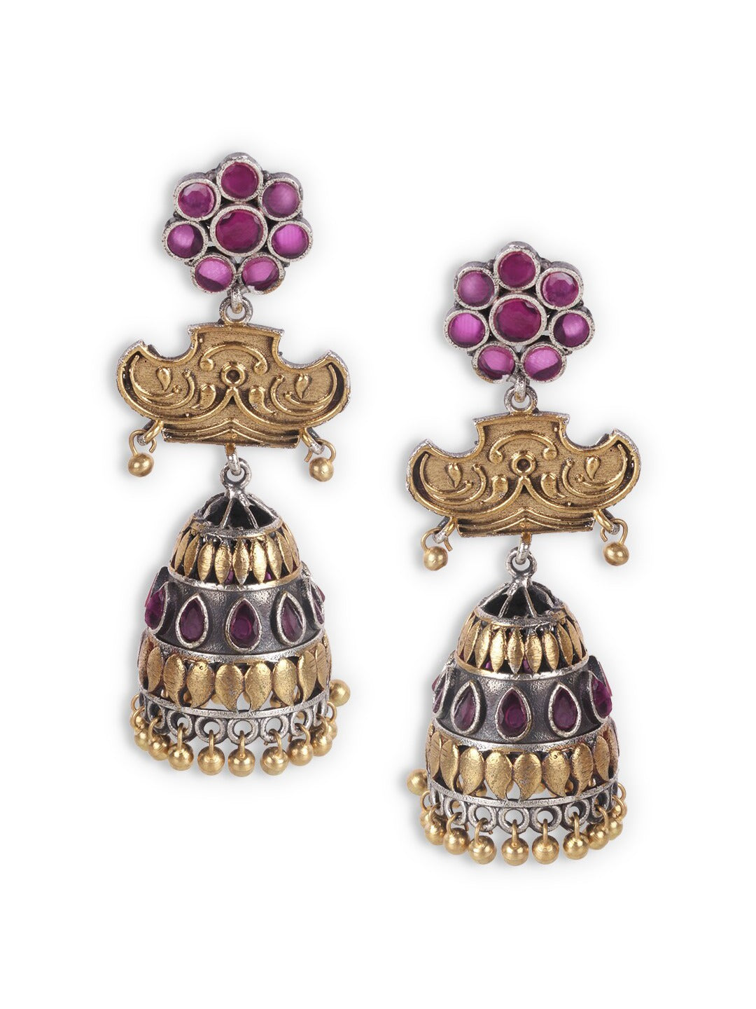 Silver-Toned and Gold-Toned Oxidized Contemporary Jhumkas Earrings