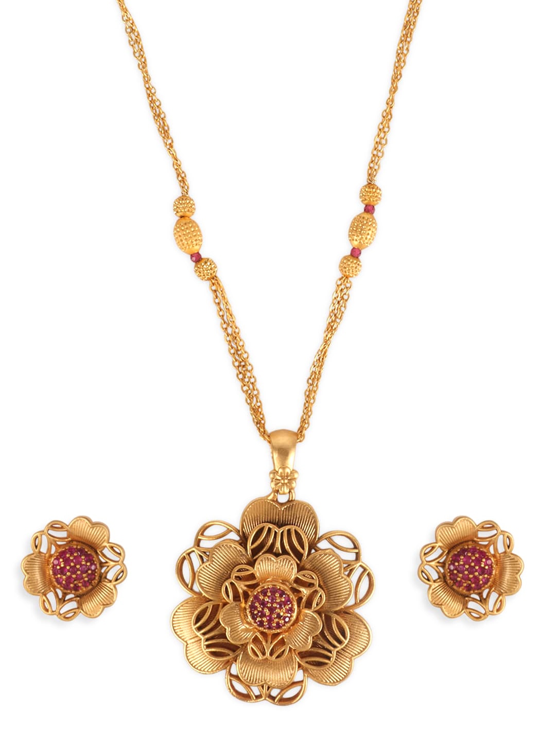 Gold-Plated & Pink Self Designer Floral Pendant & Earring Set