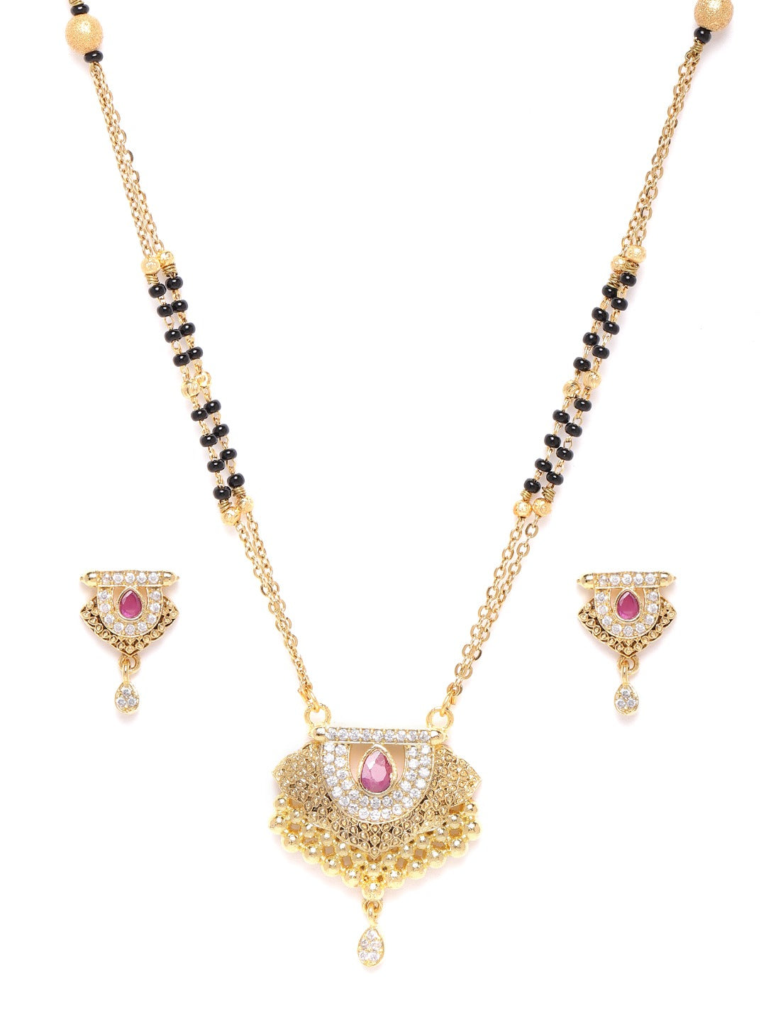 Black & Pink Gold-Plated AD-Studded & Beaded Mangalsutra & Earrings Set