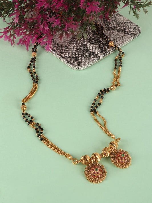 Gold-Plated Black & Pink Stone-Studded & Beaded Mangalsutra