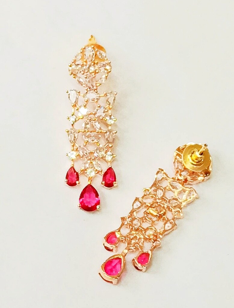 Ruby Color Rose Gold Plated American Diamond Necklace Set