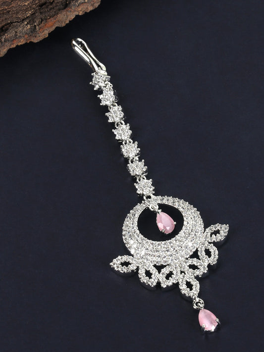 Pink Silver-Plated CZ Stone-Studded Handcrafted Maang Tika