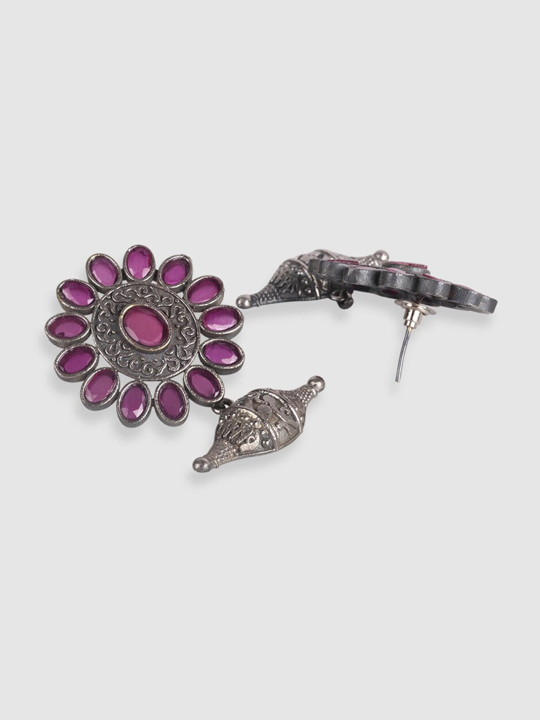 Silver-Toned & Pink Oxidised Floral Drop Earrings