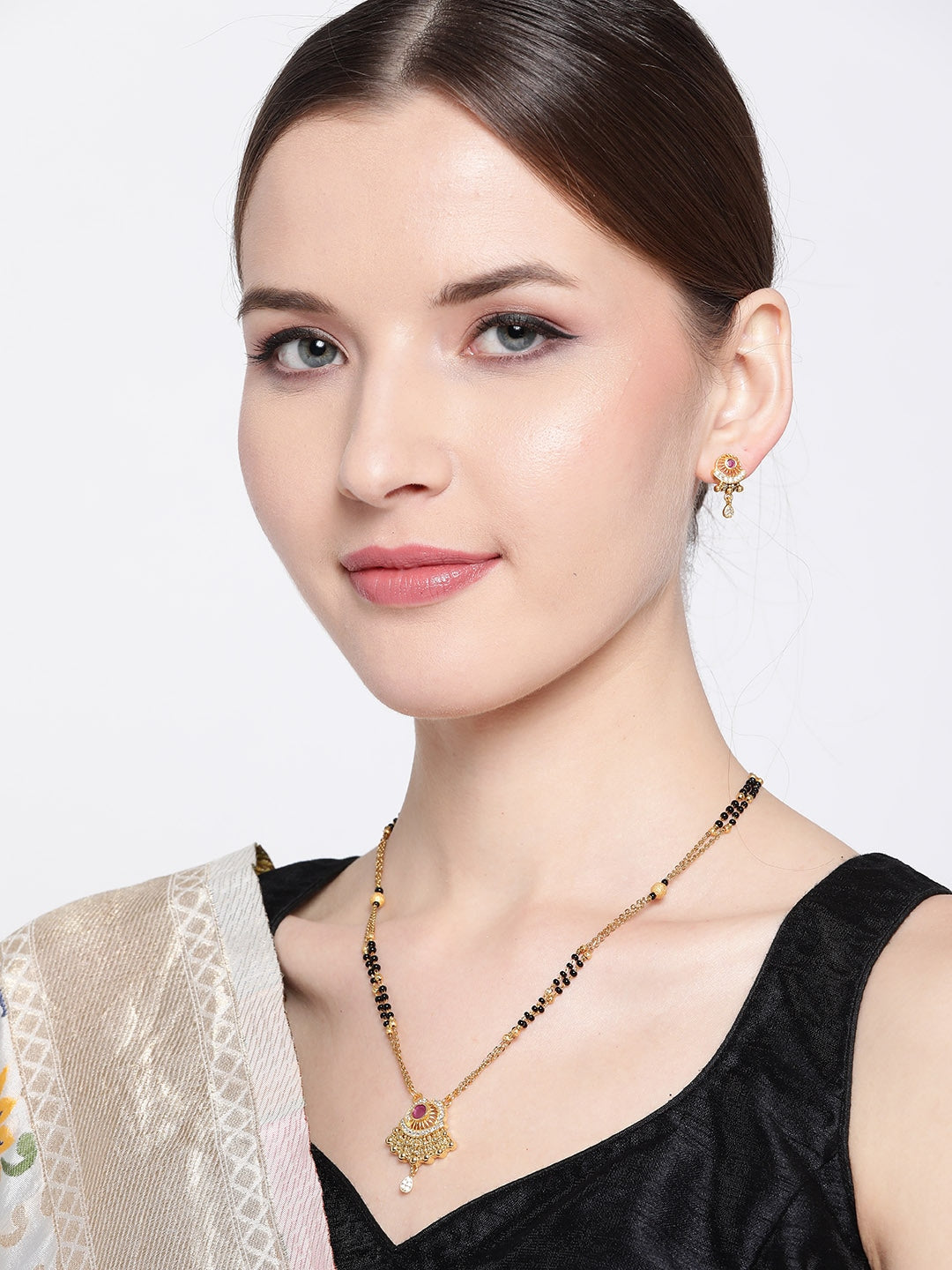 Black & Pink Gold-Plated AD-Studded & Beaded Mangalsutra & Earrings Set