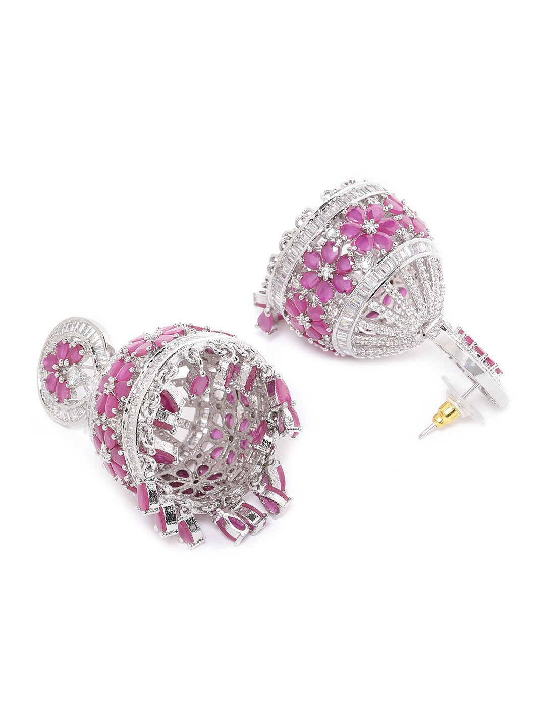 Pink Silver-Plated AD Studded Handcrafted Dome Shaped Jhumkas