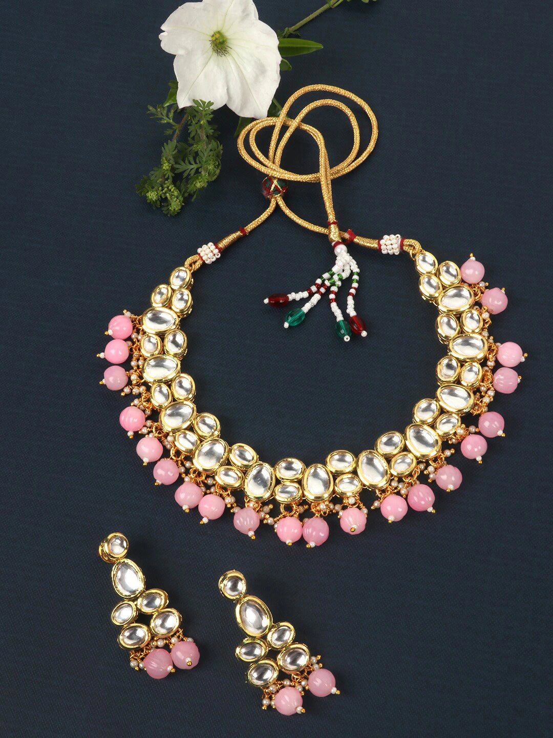 Gold-Plated White & Pink Kundan-Studded & Beaded Jewellery Set