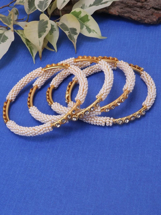 Set of 4 Gold Plated & White Pearl and Stone Studded Handcrafted Bangles`