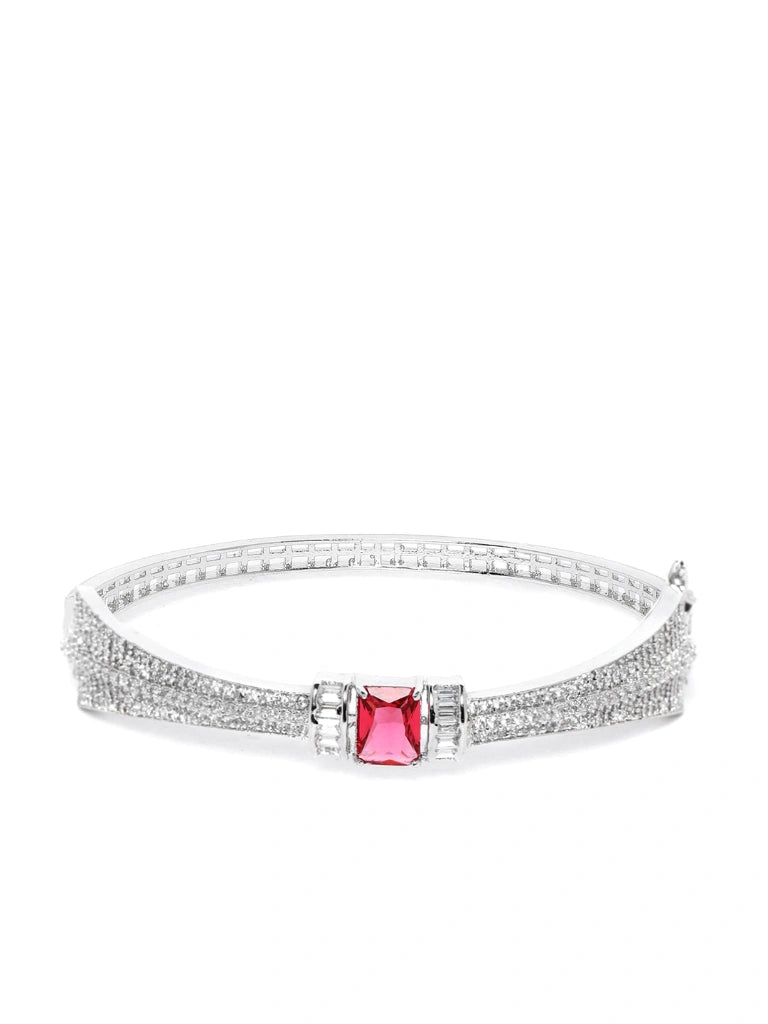 Magenta Silver-Plated Handcrafted AD-Studded Bangle-Style Bracelet