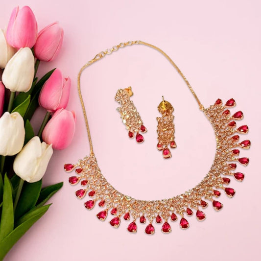 Ruby Color Rose Gold Plated American Diamond Necklace Set