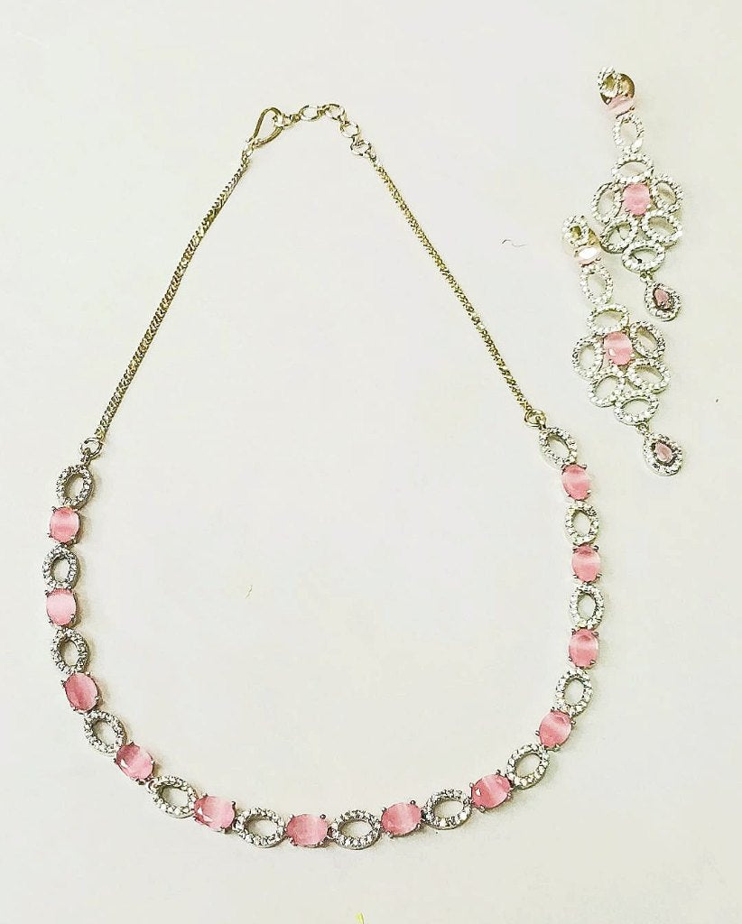 Pink Stone Studded American Diamond Necklace Set