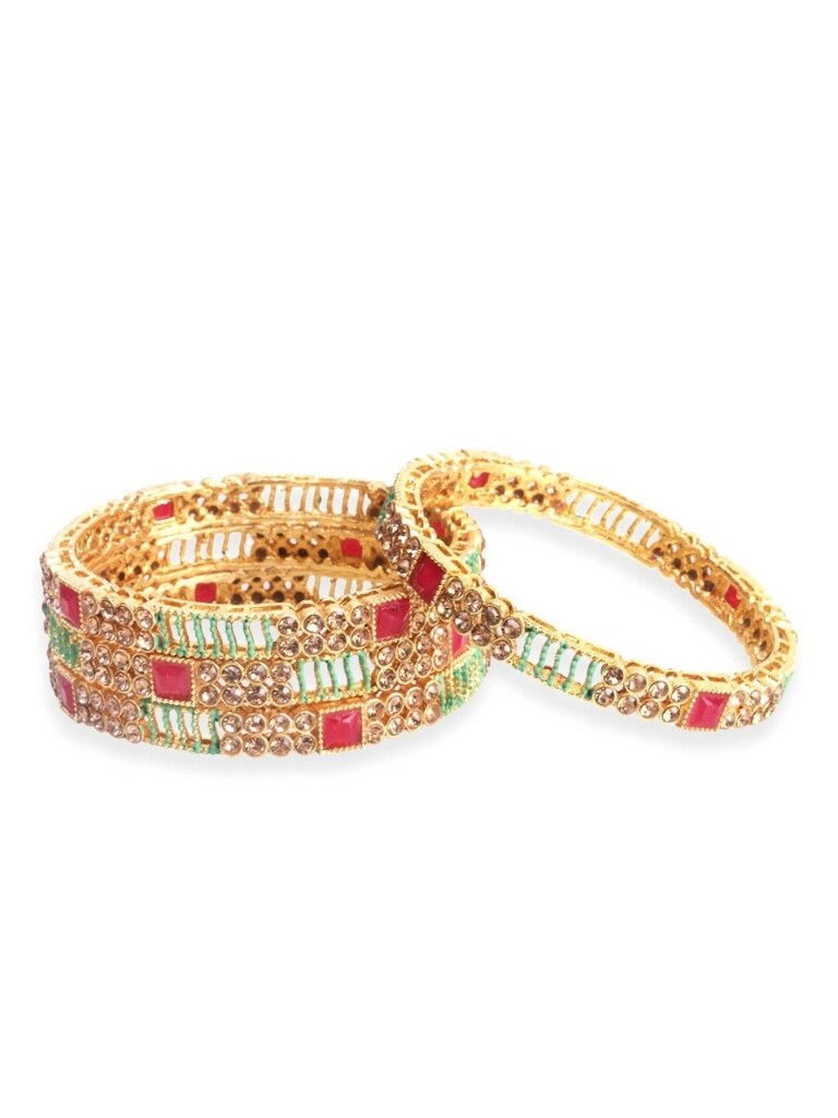 Set-4 Gold-Plated Red & Beige Stone-Studded Handcrafted Bangles
