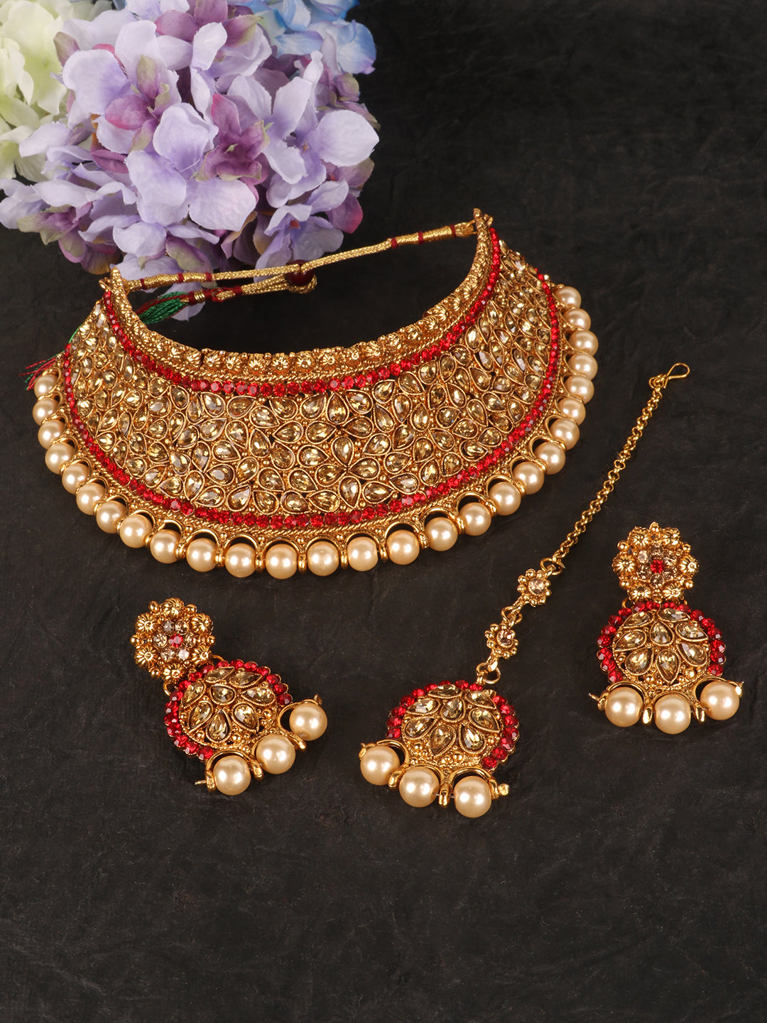 Red & Gold Toned Gold Plated Bridal Kundan Studded Choker Set